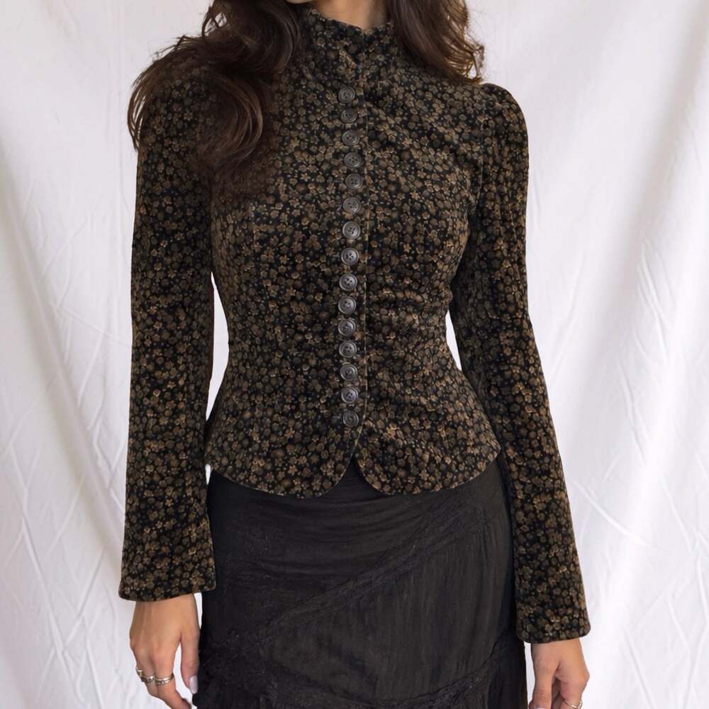 Vintage Katayone Adeli Y2K Floral Cotton Velvet Button Jacket Size 4